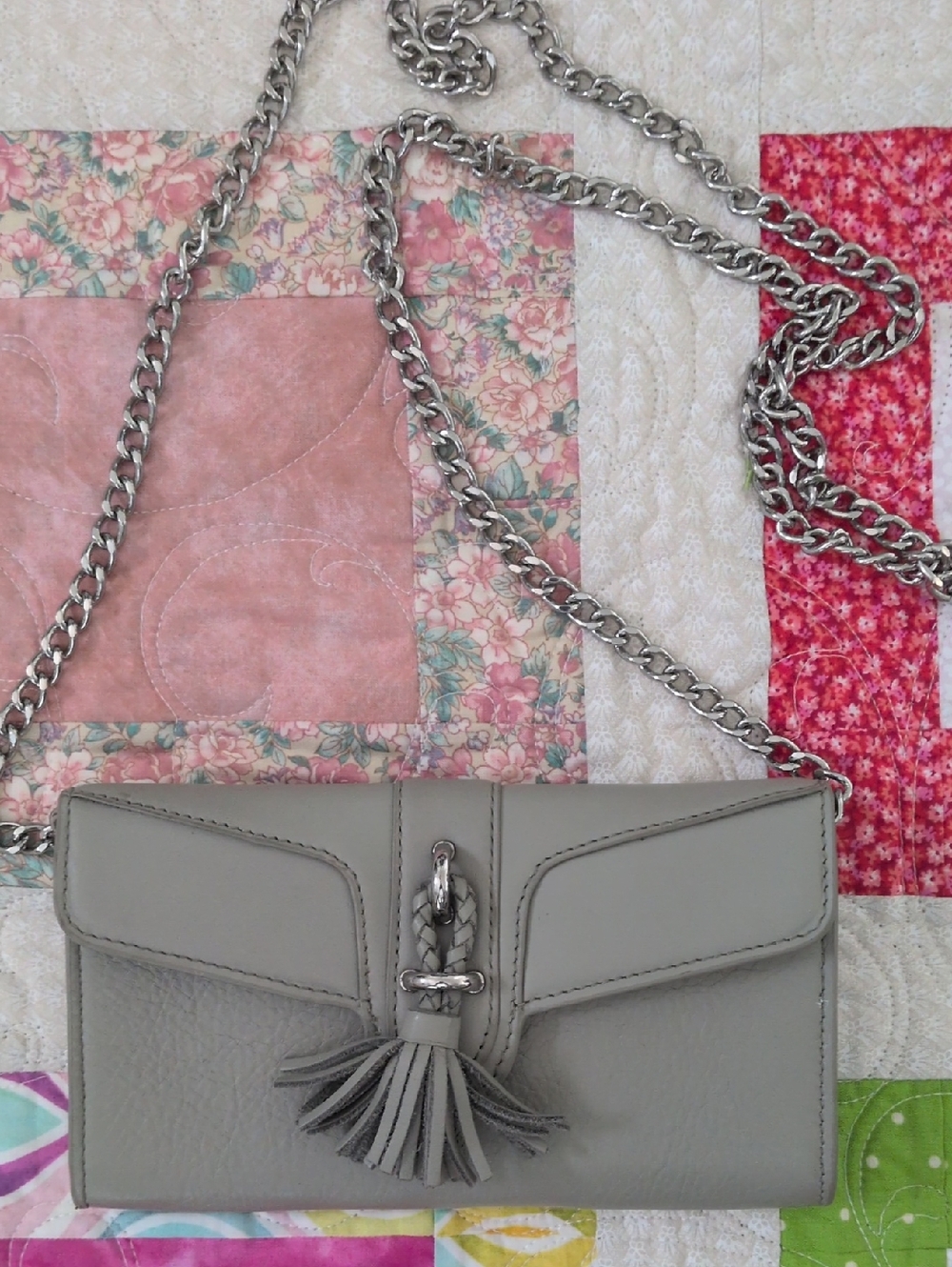 Gray Genuine Leather Tassel Chain Crossbody Bag Silver Hardware